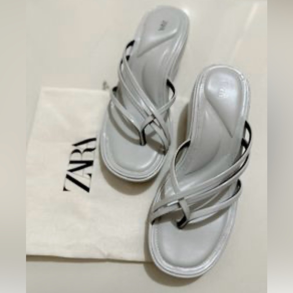Zara Metallic Silver Strappy Slides